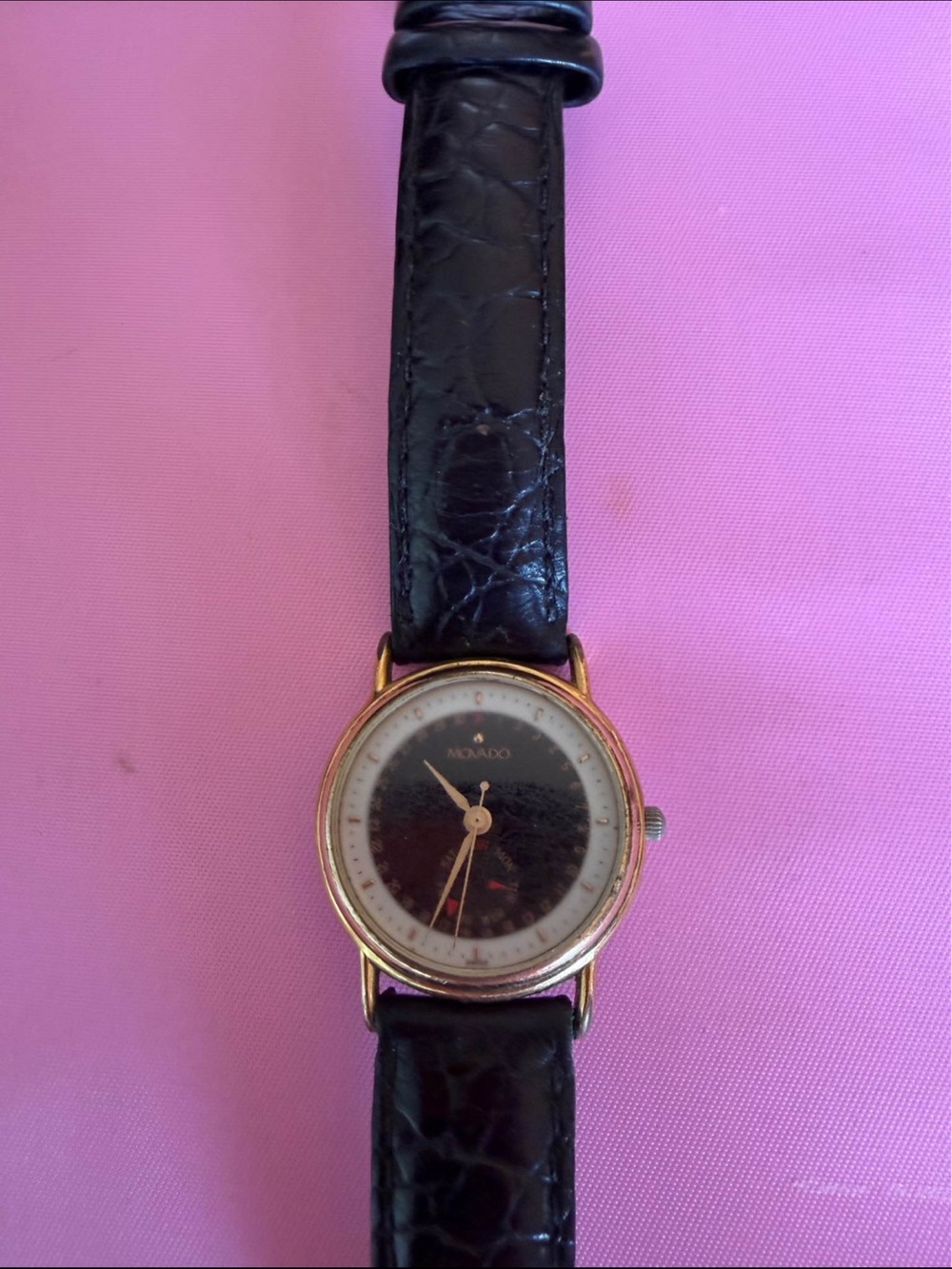 Movado Black Dial Gold-Tone Case Watch with Black Leather Strap